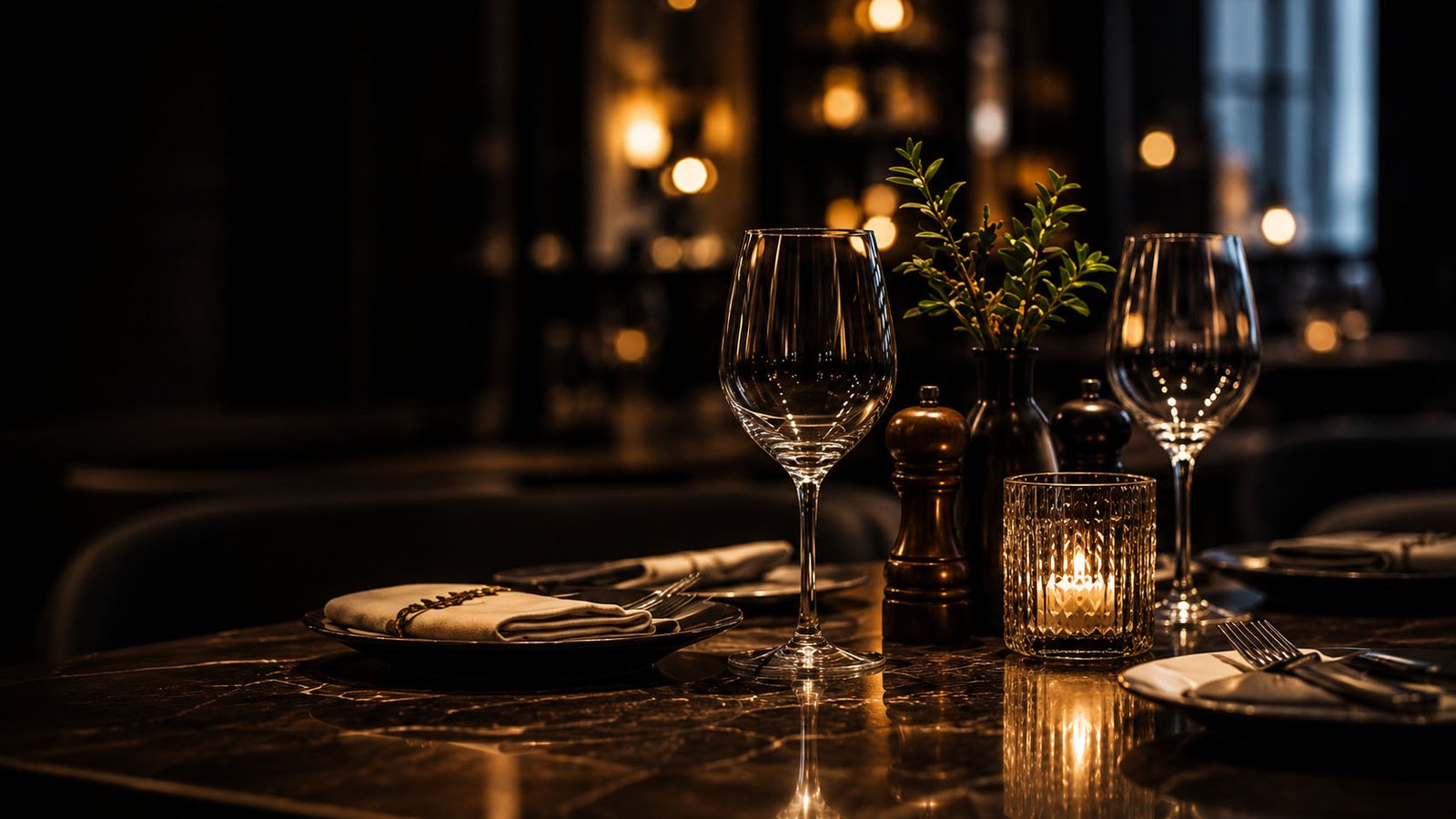 Elegant restaurant table setting with candlelight
